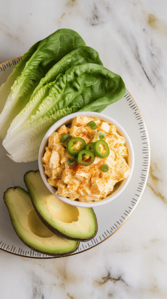 finished jalapeño egg salad in a white bowl, garnished with green onion and paprika, served next to romaine leaves and sliced avocado.