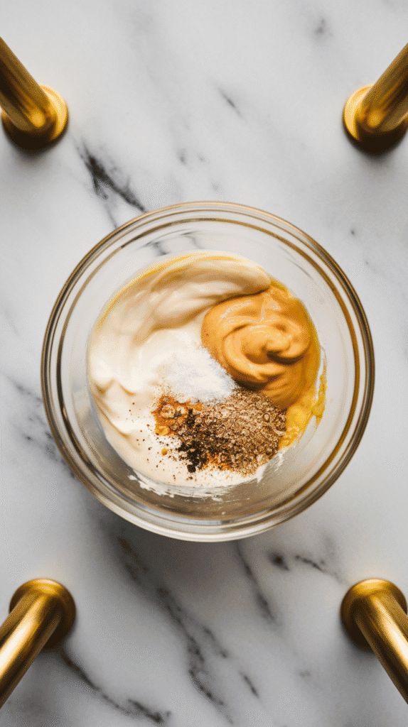 mayonnaise, Dijon mustard, garlic powder, salt and pepper being mixed into a creamy dressing in a small bowl.