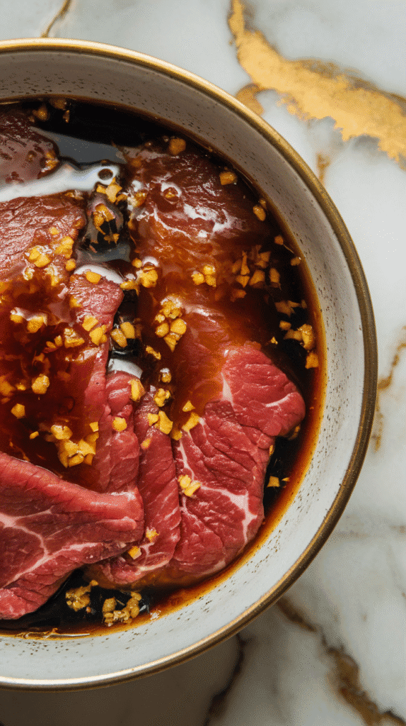 thin beef slices marinating in a glossy brown soy-sesame mixture with visible bits of garlic, ginger, and grated pear.