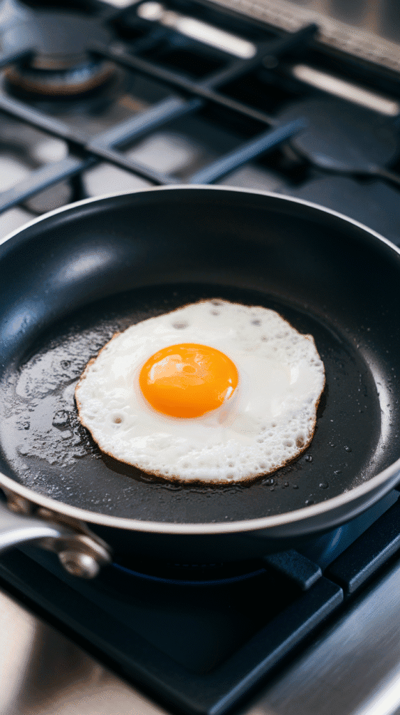a sunny-side up egg frying in oil, yolk vibrant and runny, whites just set and slightly crispy at the edges.