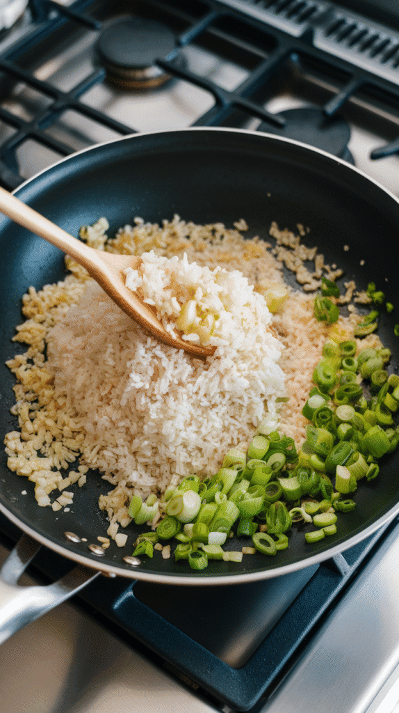 cold rice being mixed into the garlic and scallions, grains separating and starting to crisp slightly at the edges.