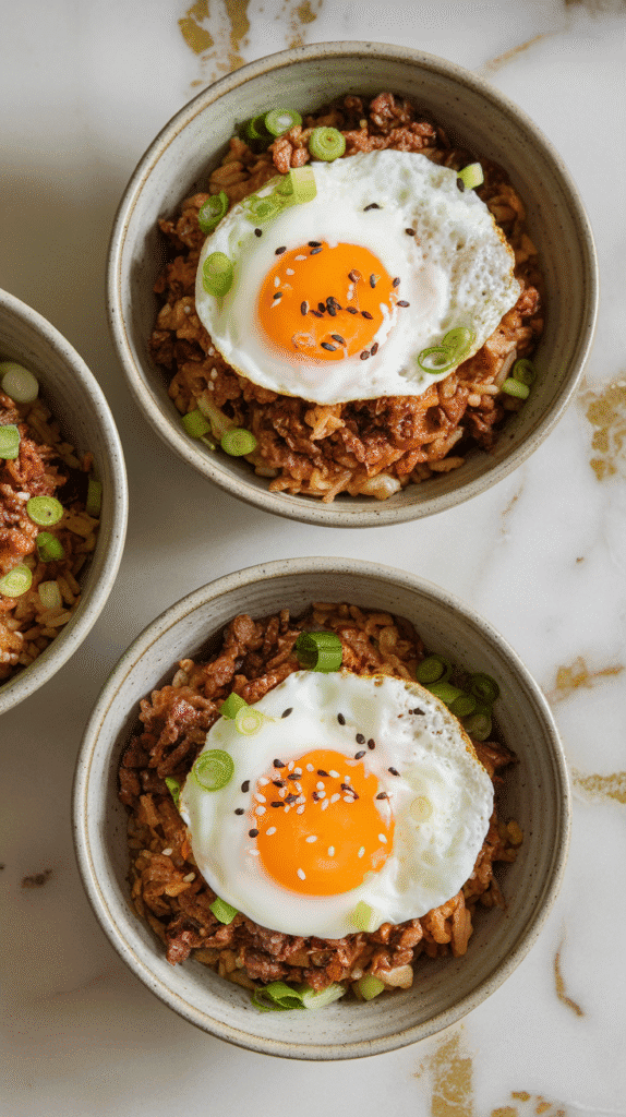bulgogi beef fried rice served in ceramic bowls, each topped with a runny fried egg, scallions, and sesame seeds.