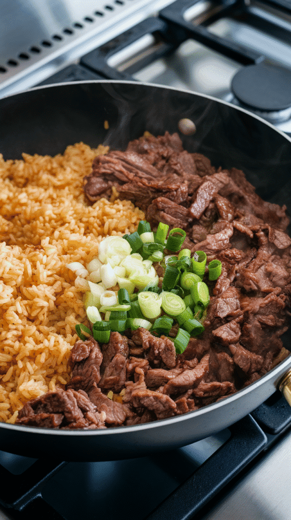 golden rice being stirred with bulgogi beef, soy sauce soaking into the grains, steam rising, beef glistening with sauce