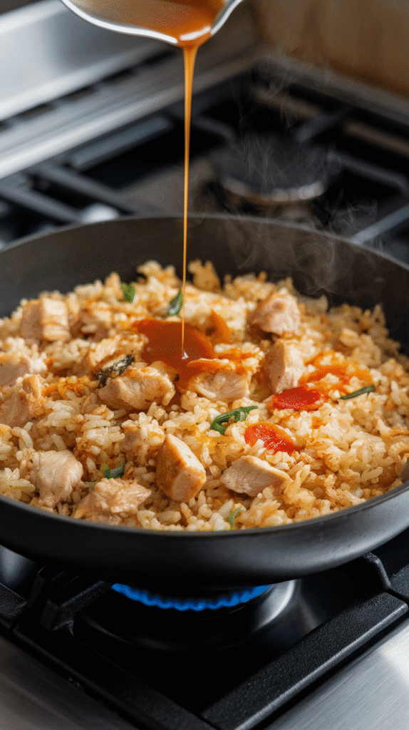 seasoning sauce being drizzled over fried rice, steam rising as the rice turns golden and glossy.