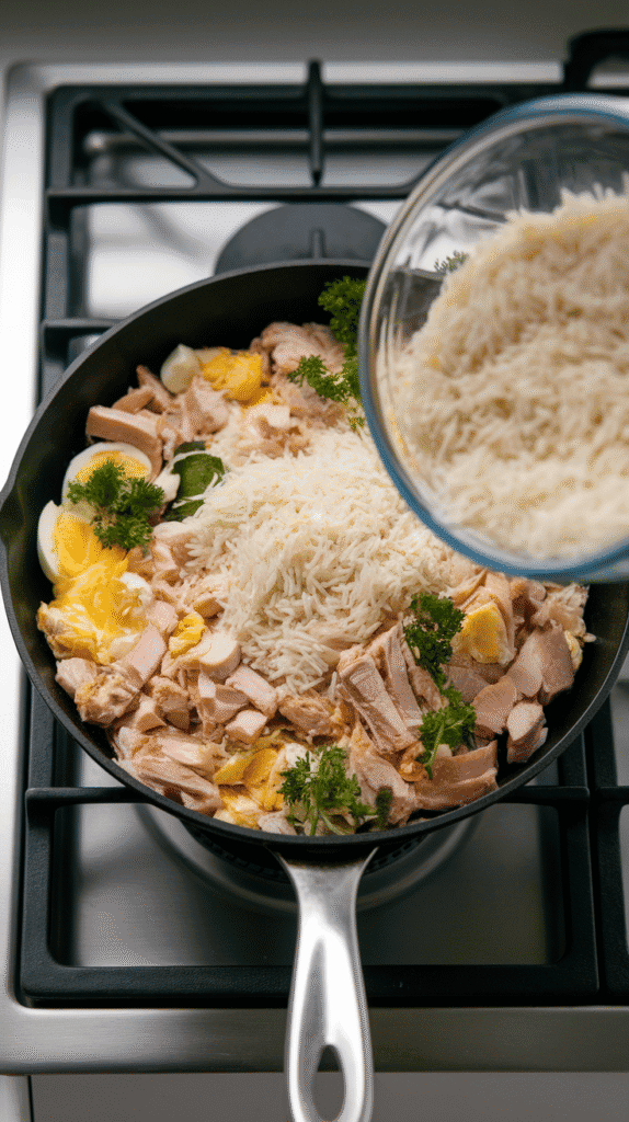 cold jasmine rice being added to the skillet, mixing with diced chicken, eggs, and aromatics, grains just starting to separate.