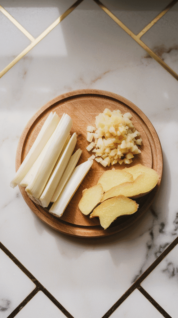 finely minced white lemongrass pieces, minced garlic, and freshly grated ginger on a small wooden board. On white marble counters with hints of gold