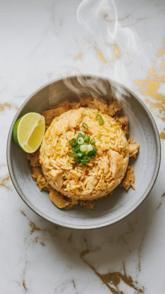 lemongrass chicken fried rice served in a gray ceramic bowl with a lime wedge on the side, green onion garnish on top,