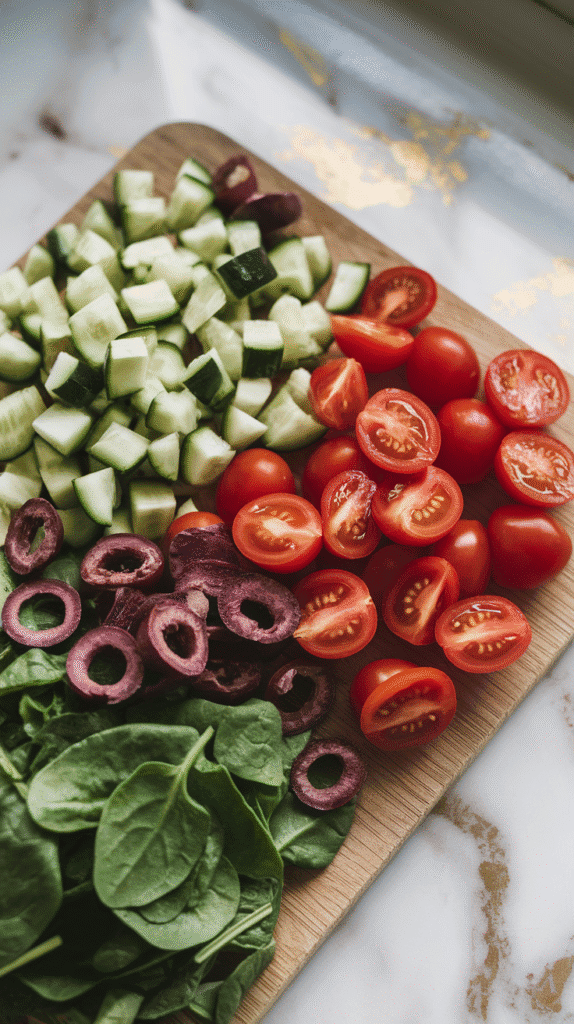 freshly chopped vegetables—1/2 cup diced cucumber, 1/2 cup halved cherry tomatoes, 1/4 cup chopped spinach, and 1/4 cup sliced kalamata olives—laid out neatly on a cutting board