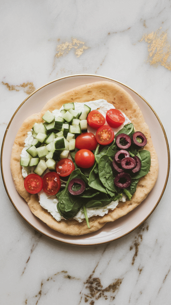 fresh vegetables carefully layered over cottage cheese on flatbread: 1/4 cup diced cucumber, 1/4 cup halved cherry tomatoes, 2 tbsp chopped spinach, and 2 tbsp sliced kalamata olives, on white marble counters with hints of gold