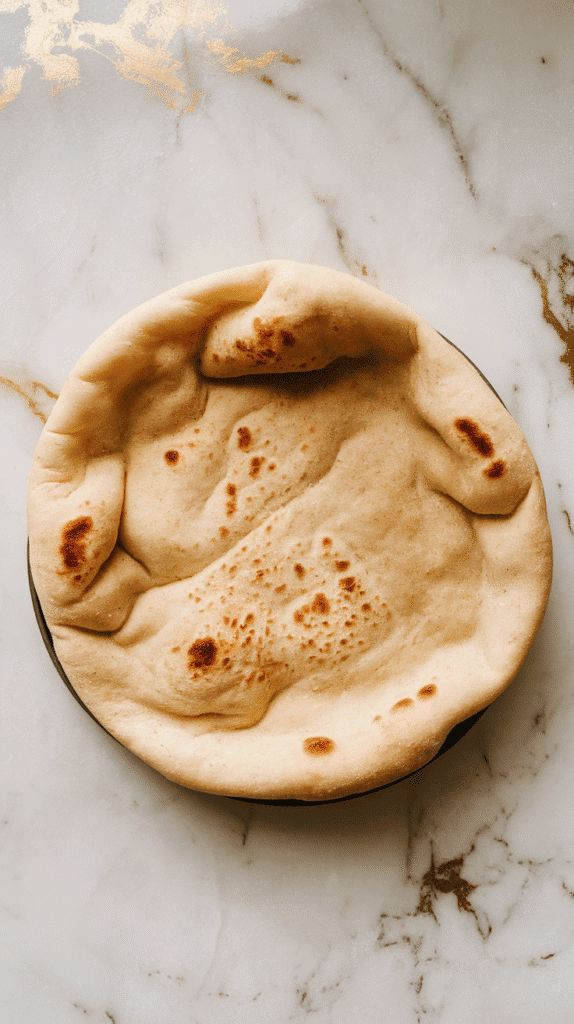 f a single soft flatbread laid flat on a plate, warm and pliable with slight golden spots, on white marble counters with hints of gold,