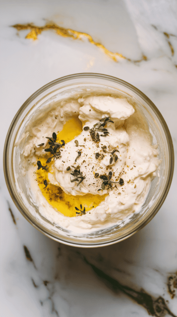 creamy seasoned cottage cheese mixture in a small mixing bowl, with visible specks of oregano, lemon juice, olive oil, salt, and pepper mixed in
