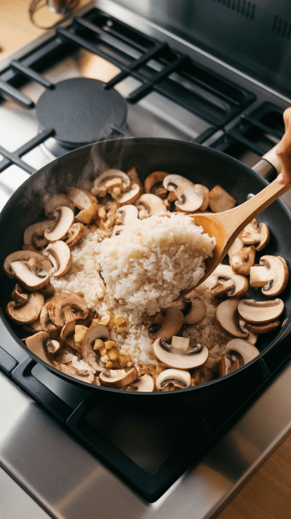 fluffy cold rice being stirred into sautéed mushrooms and garlic, steam starting to rise as it heats.