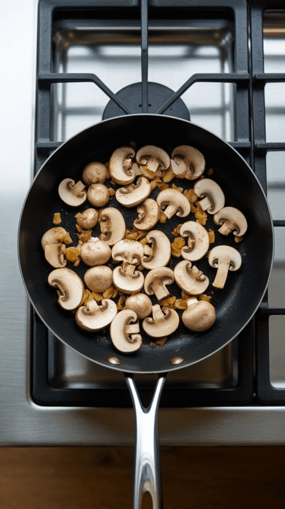 sliced mushrooms cooking down in the pan with golden bits of garlic, mushrooms beginning to brown and shrink.