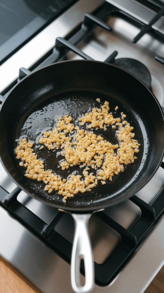 minced garlic sizzling in oil, just beginning to turn golden around the edges in the skillet.
