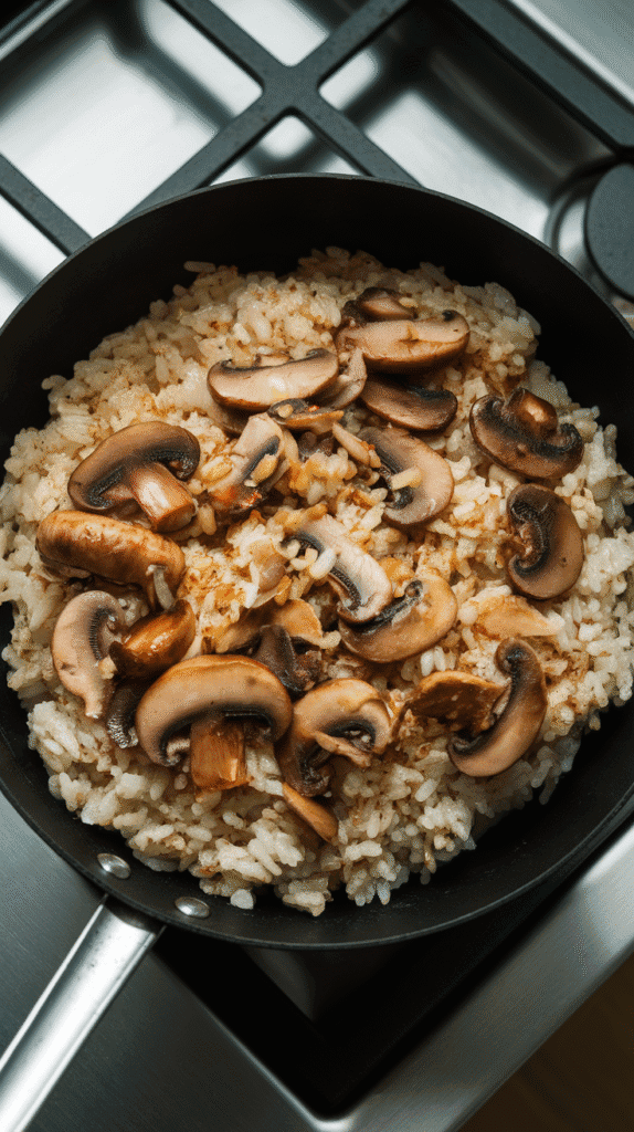 soy sauce and sesame oil coating the rice, mushrooms and garlic bits peeking through, rice grains turning golden.