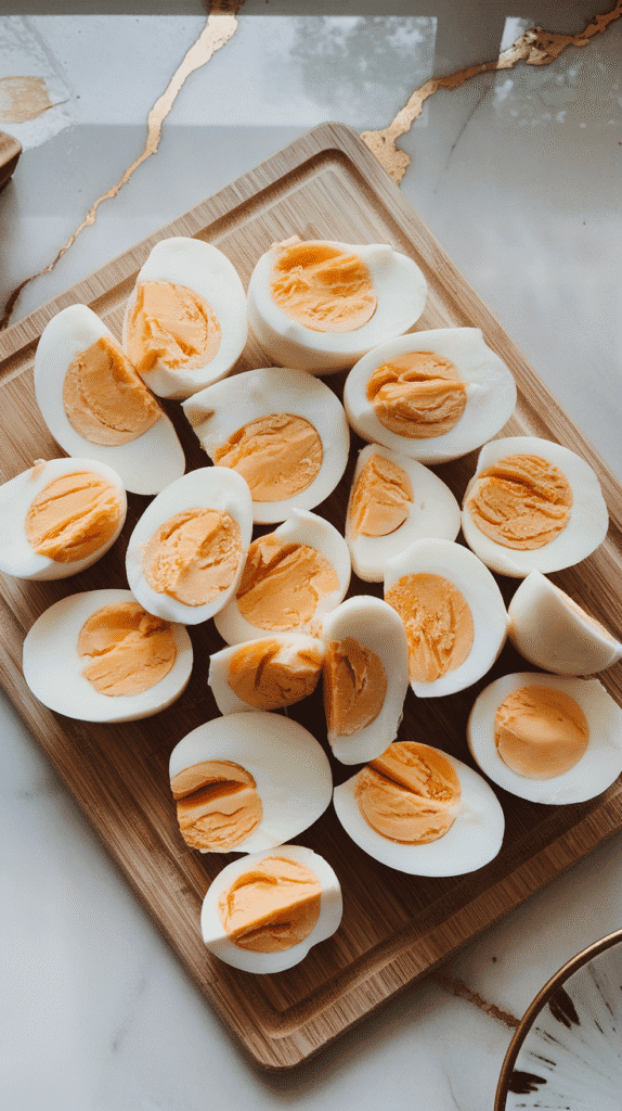 chopped hard-boiled eggs on a cutting board, yolks and whites clearly visible in soft, chunky pieces.