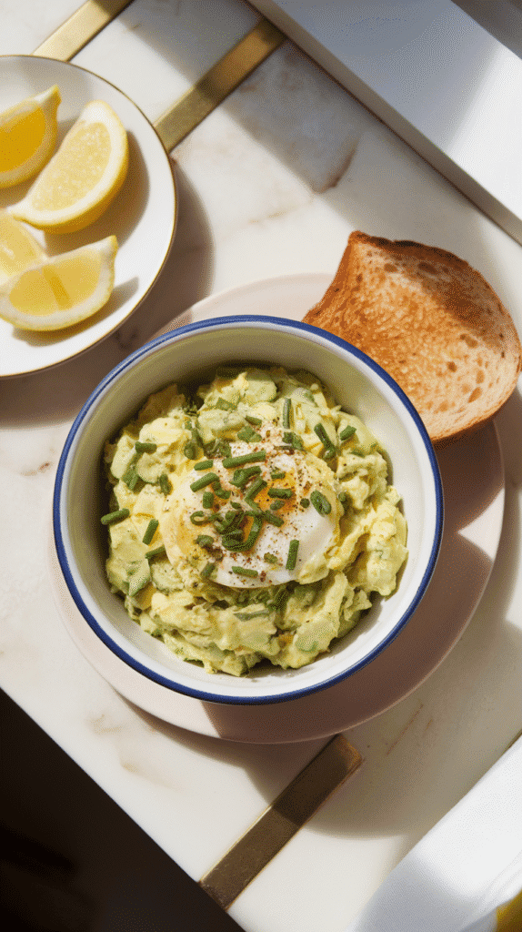 finished avocado egg salad garnished with chopped chives and black pepper, served in a bowl with toast and lemon slices on the side.