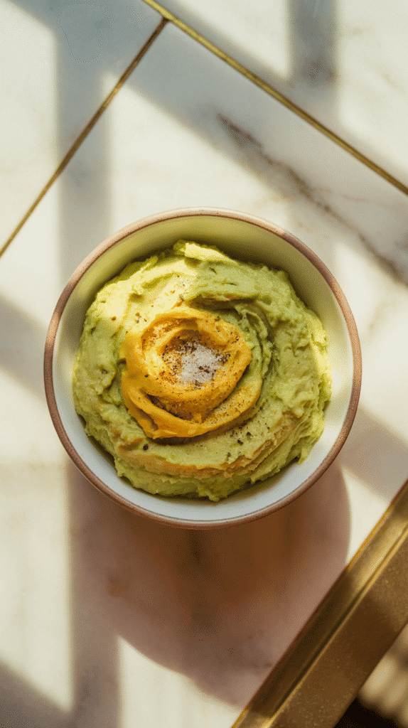 Dijon mustard and lemon juice being mixed into mashed avocado, with salt and pepper sprinkled on top.