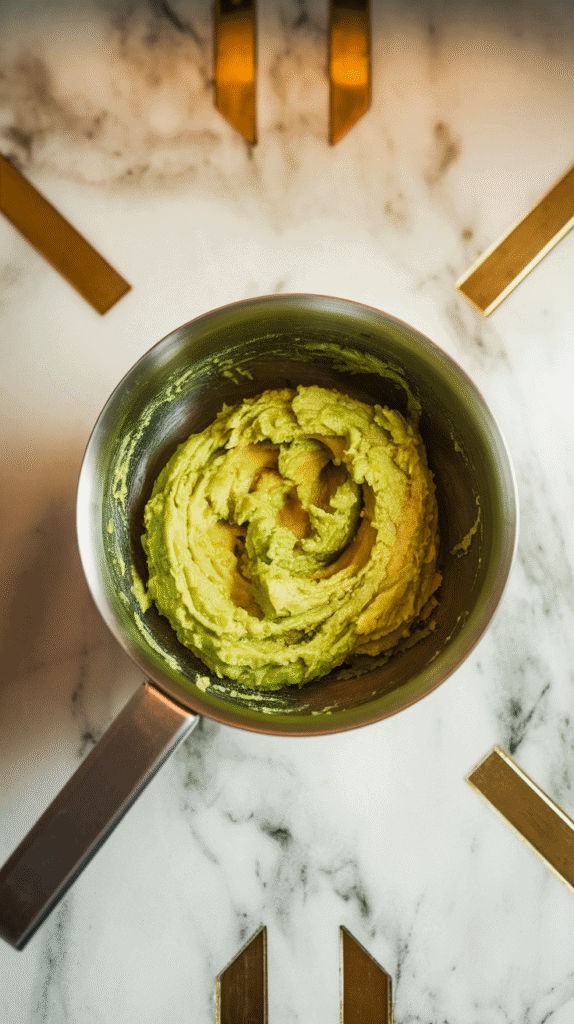 mashed avocado in a mixing bowl, vibrant green and slightly chunky with creamy consistency.