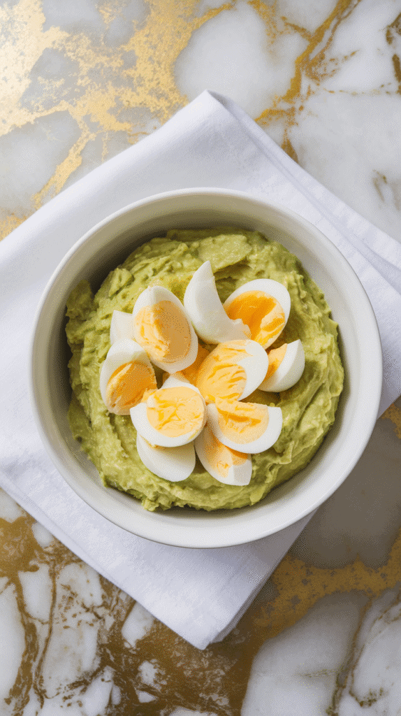 chopped eggs being folded into green avocado mixture, showing creamy texture with visible yolks and whites
