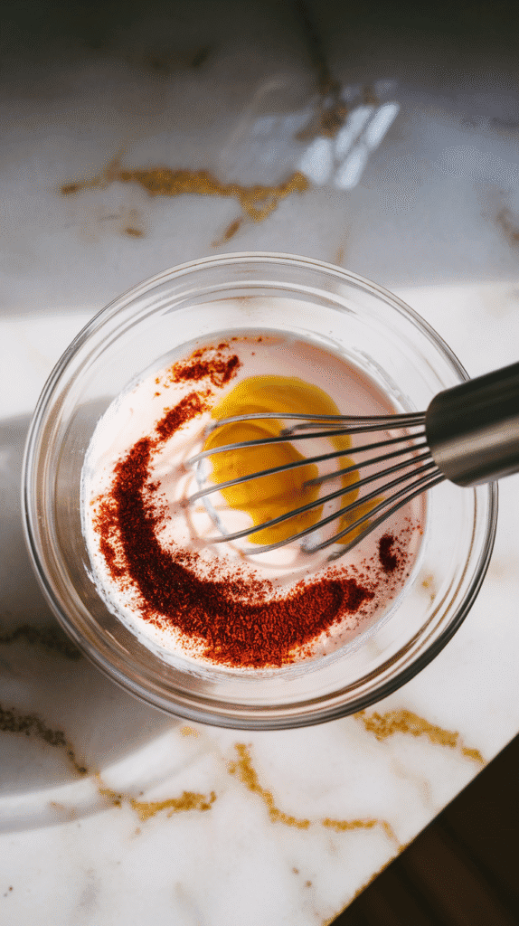 creamy yogurt, golden olive oil, and deep reddish-purple sumac spice being whisked together in a small glass bowl, creating a smooth pale pinkish mixture with specks of spice throughout.