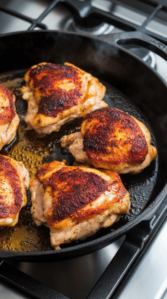 sumac-marinated chicken thighs sizzling in a cast iron skillet, creamy marinade caramelizing into a deep golden brown crust with reddish-purple specks