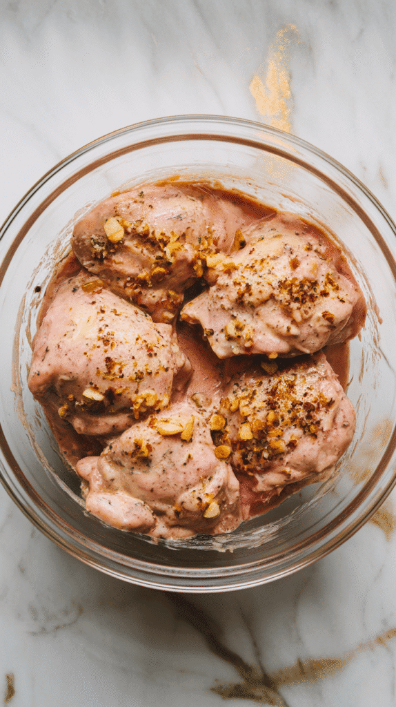 boneless skinless chicken thighs coated in thick, creamy sumac yogurt marinade, the pinkish marinade clinging to every surface with flecks of garlic and sumac.