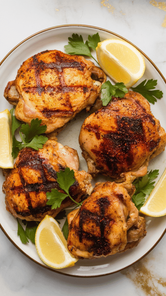 Normal top-down shot showing juicy sumac-marinated grilled chicken thighs arranged on a white ceramic plate, golden brown with reddish flecks of sumac, garnished with parsley and a few lemon wedges