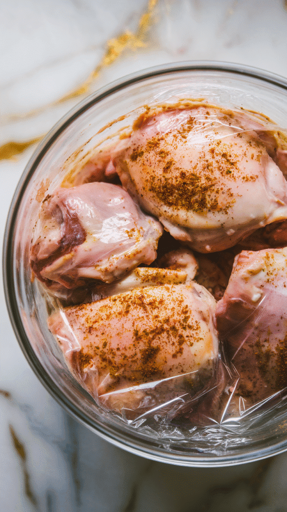 a glass bowl filled with sumac yogurt-marinated chicken thighs, sealed with clear plastic wrap, creamy pink marinade visible through the wrap.