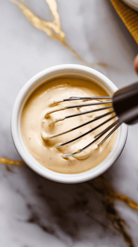creamy mayo and Dijon mustard being mixed with a small whisk in a ramekin. Dressing is thick and smooth.