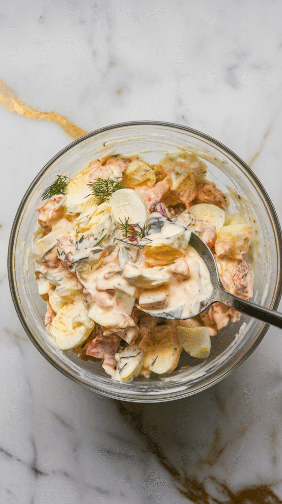pickled egg salad being folded together with a spoon—creamy dressing clinging to egg pieces, flecks of dill and onion showing.