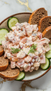 pickled egg salad in a rustic bowl, garnished with fresh dill, surrounded by rye bread slices and cucumber rounds