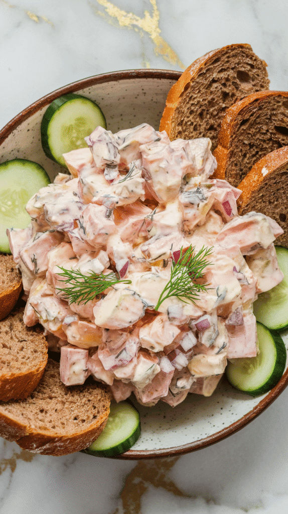 pickled egg salad in a rustic bowl, garnished with fresh dill, surrounded by rye bread slices and cucumber rounds