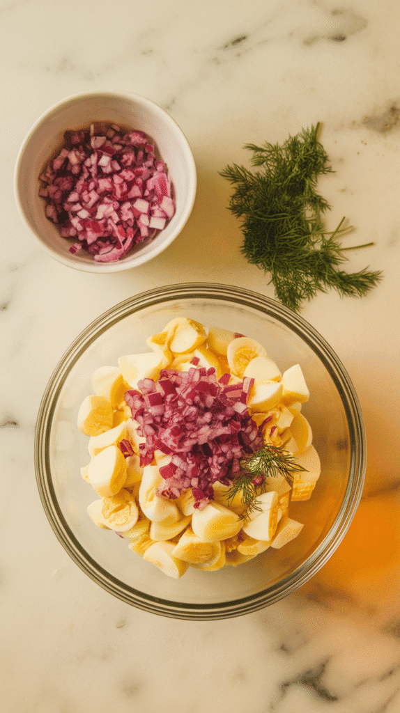 chopped red onion and fresh dill being sprinkled over chopped pickled eggs, bright green and purple bits popping.