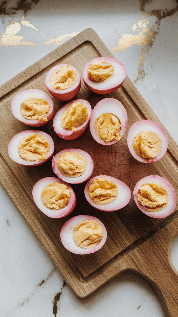 pickled eggs with pink edges, roughly chopped into uneven chunks, yolks crumbly, on a wooden cutting board.