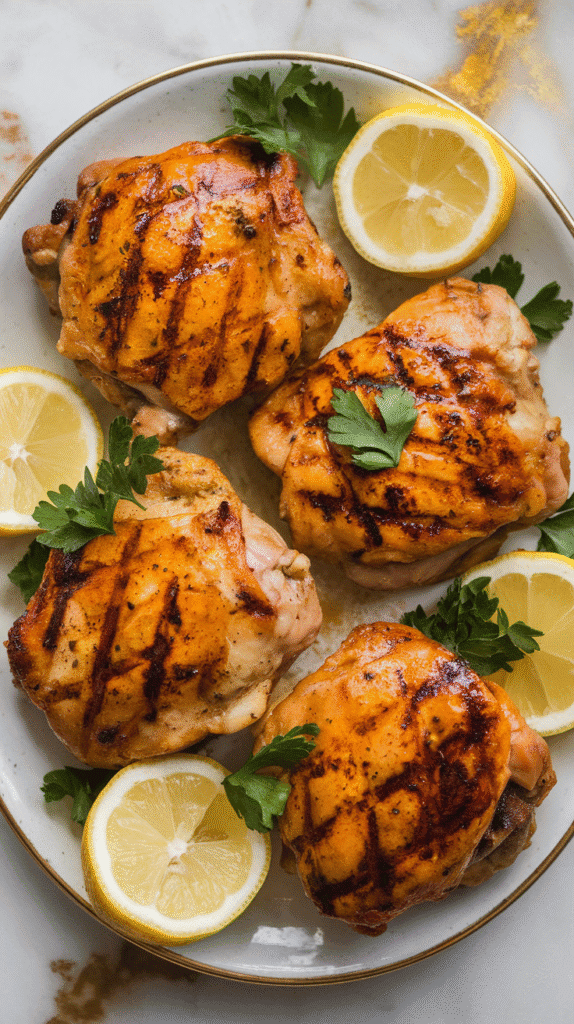 golden grilled saffron yogurt chicken thighs arranged on a white ceramic plate, garnished with fresh parsley and lemon wedges, golden glaze shining on the surface
