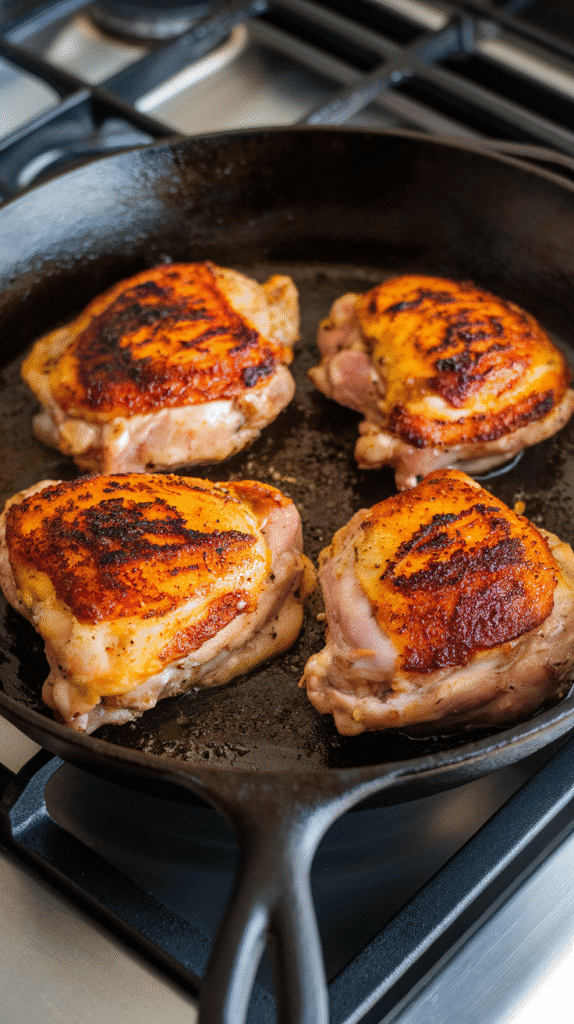 saffron yogurt-marinated chicken thighs sizzling in a cast iron skillet, the golden marinade caramelizing on the edges with slight browning and char.
