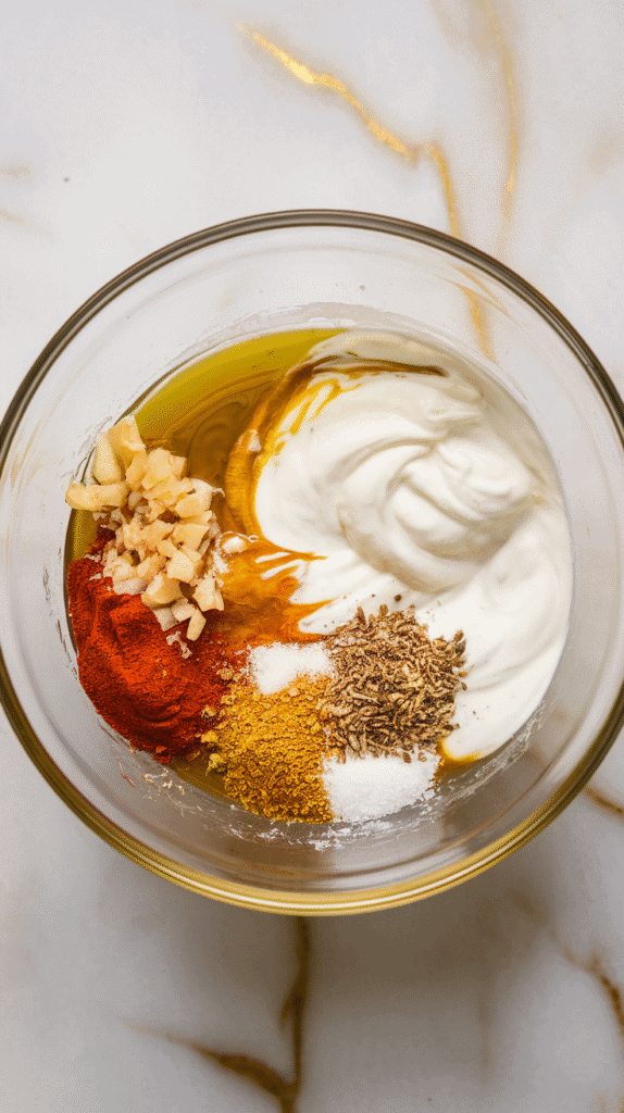 creamy plain yogurt, olive oil, grated garlic, honey, cumin, salt, and pepper swirling together in a glass bowl, creating a smooth pale yellow mixture with flecks of spice