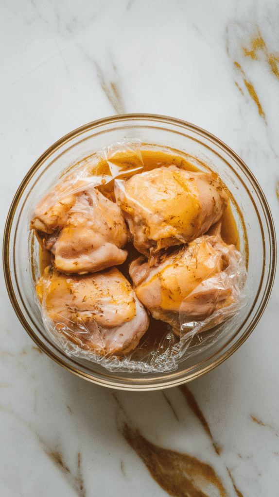 a glass bowl filled with saffron yogurt-marinated chicken thighs, covered tightly with clear plastic wrap, soft golden marinade visible underneath