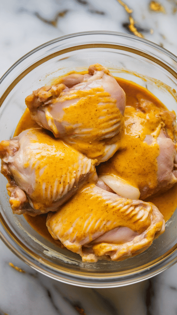 boneless skinless chicken thighs coated in thick, creamy saffron yogurt marinade, golden yellow sauce clinging to every fold of the chicken.