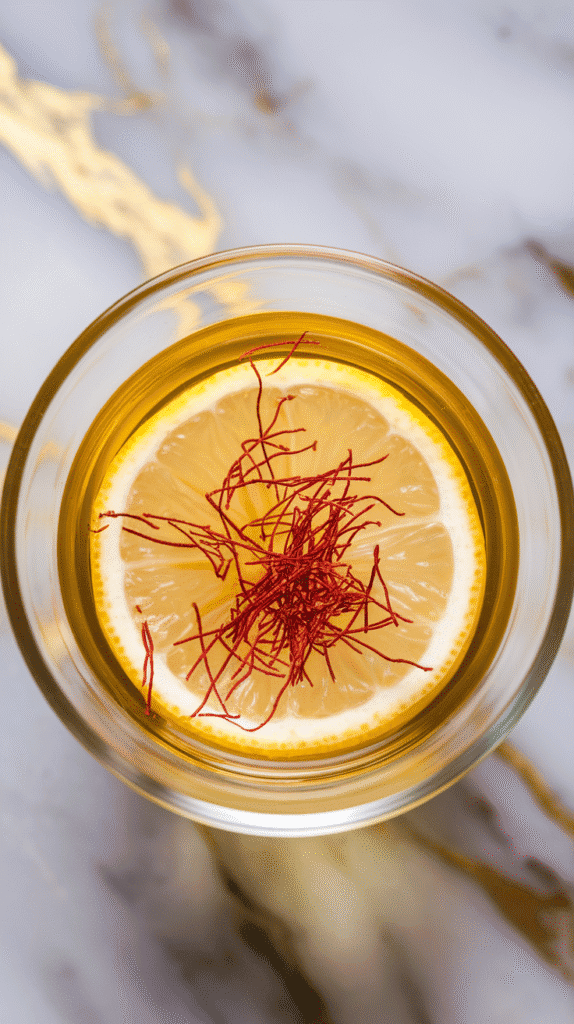 rushed saffron threads blooming in fresh lemon juice inside a tiny glass bowl, vibrant golden-orange streaks forming as the saffron infuses.