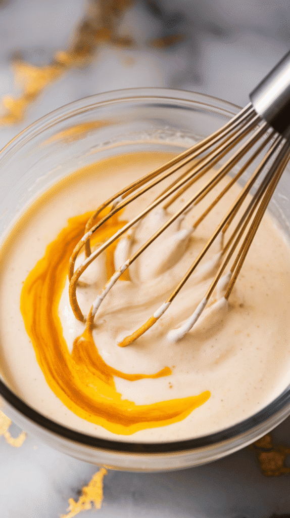 golden saffron lemon juice being whisked into the creamy yogurt base, vibrant yellow-orange streaks blending into the marinade.
