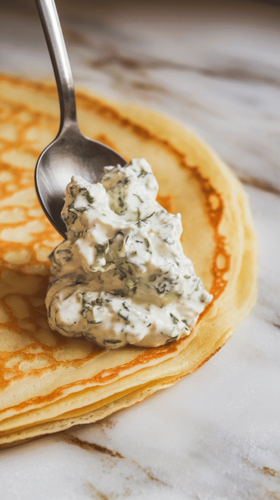 a thin cooked crêpe being filled with creamy herb cottage cheese mixture, spoon spreading it gently down the center, ready to fold