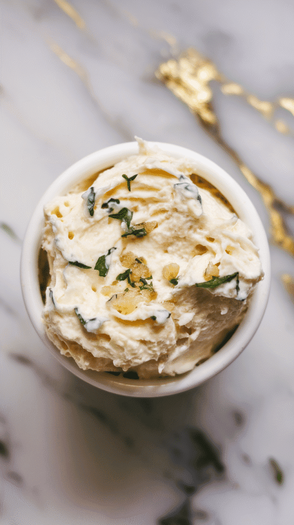 cottage cheese filling in a small white bowl, creamy texture with visible mozzarella strands, specks of green herbs and minced garlic throughout