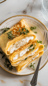avory cottage cheese crêpes folded and stacked on a plate, creamy filling peeking out, topped with fresh herbs and black pepper, fork beside the plate