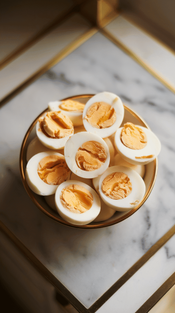 smoked hard-boiled eggs roughly chopped, showing creamy yolks and slightly golden edges.