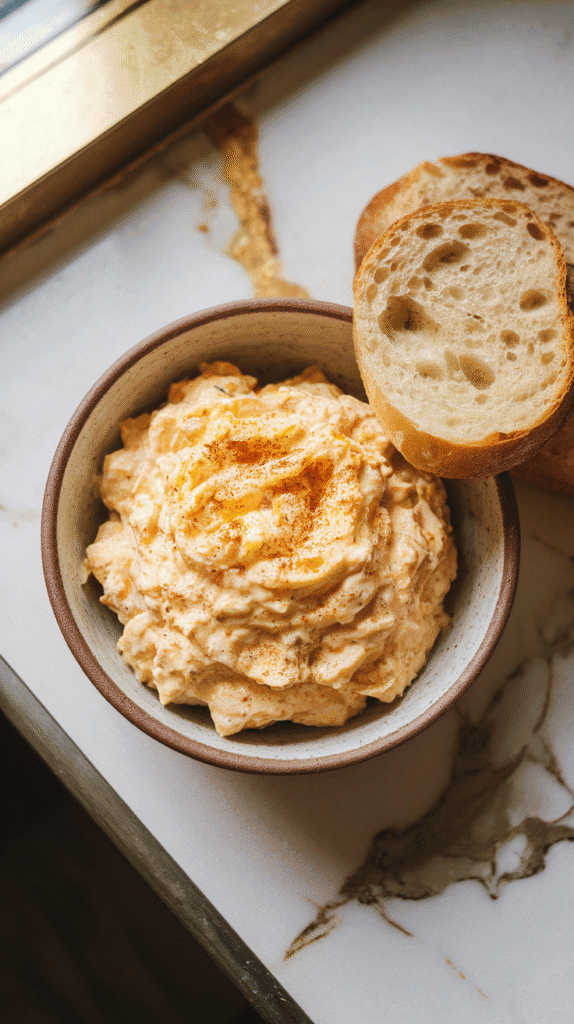 smoked egg salad in a ceramic bowl, creamy and speckled with paprika, topped with fresh chives.