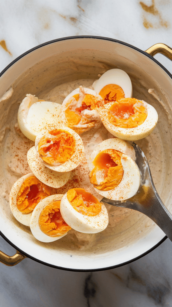 chopped smoked eggs being gently folded into the creamy dressing, showing rich golden yolks and flecks of paprika.