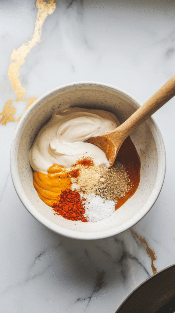 creamy dressing ingredients being mixed in a bowl—mayo, Dijon mustard, smoked paprika, garlic powder, salt, and pepper blending smoothly. On white marble counters with hints of gold