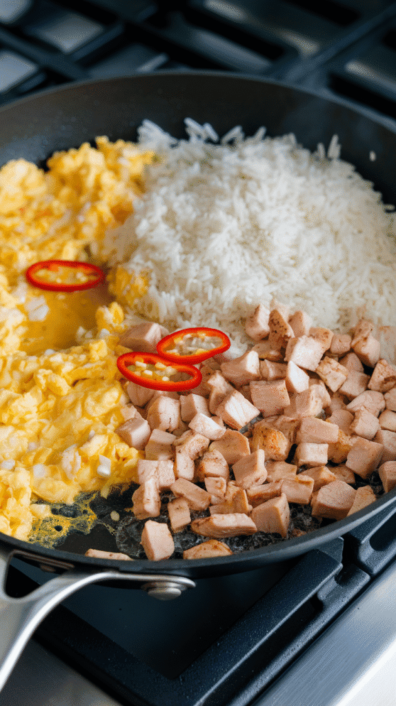 cold, fluffy jasmine rice being added to a skillet with chicken, eggs, garlic, and chilies, grains starting to mix and separate.